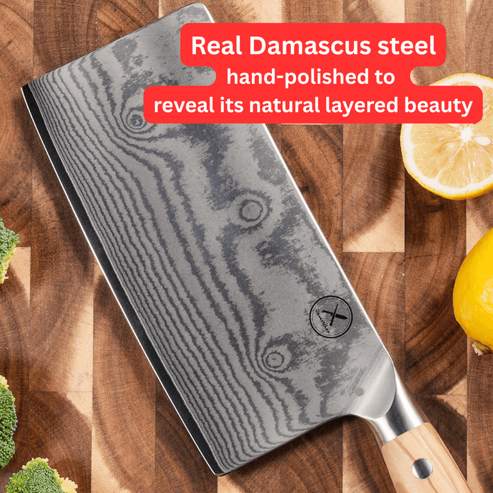 Premium Damascus 7 inch. Cleaver Knife Olive Wood