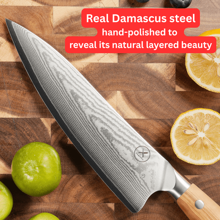 Premium Damascus 7 inch. Chef Knife Olive Wood