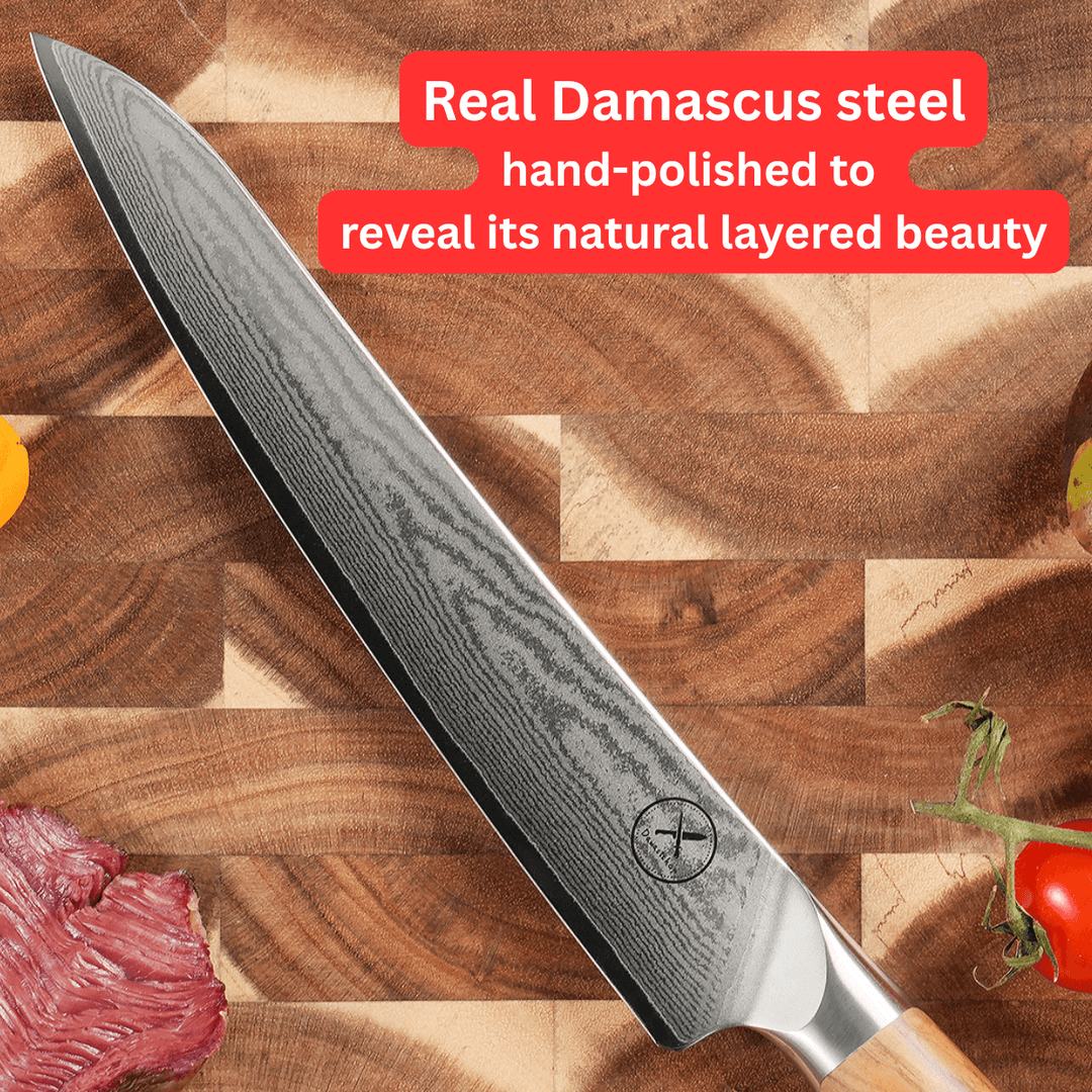 Premium Damascus 8 inch. Carving Knife Olive Wood