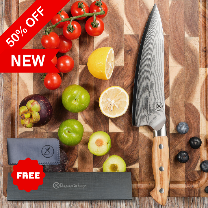 Premium Damascus 7 inch. Chef Knife Olive Wood