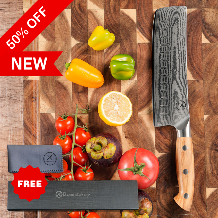 Premium Damascus 7 inch. Nakiri Knife Olive Wood
