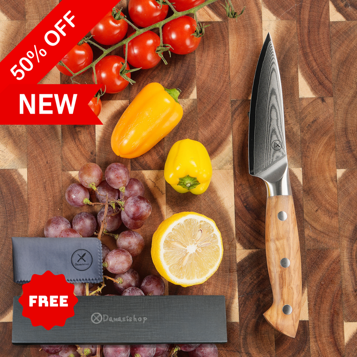 Premium Damascus 4 inch. Paring Knife Olive Wood