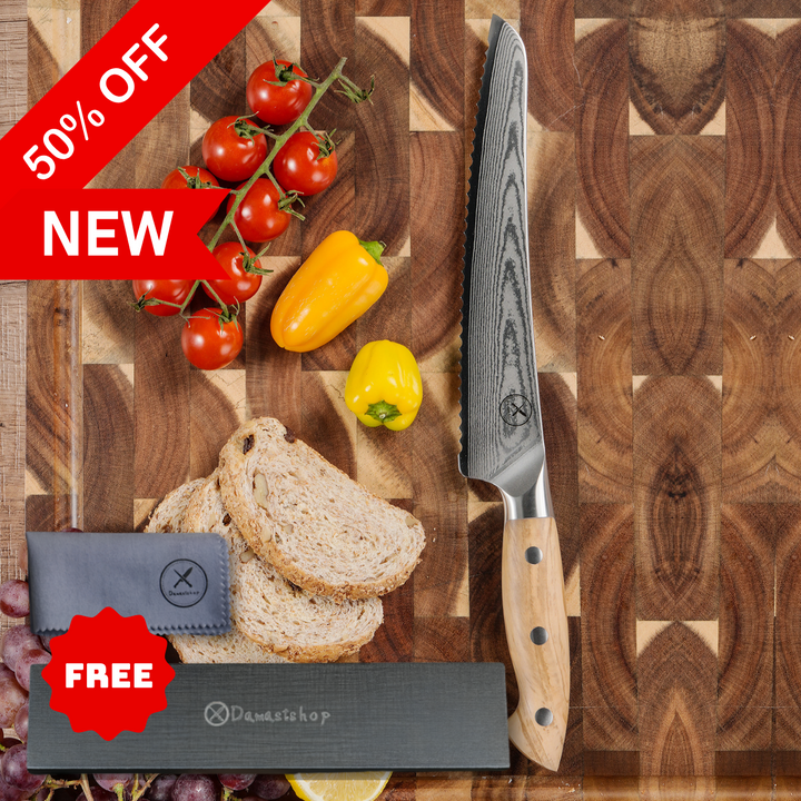 Premium Damascus 8 inch. Bread Knife Olive Wood