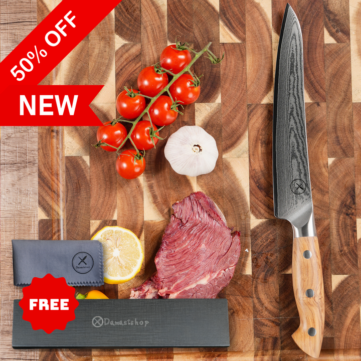 Premium Damascus 8 inch. Carving Knife Olive Wood