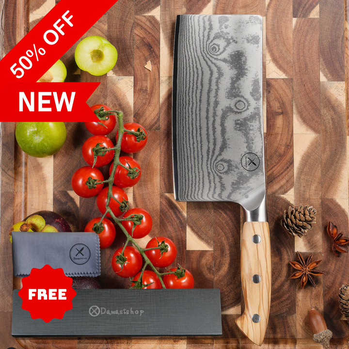 Premium Damascus 7 inch. Cleaver Knife Olive Wood