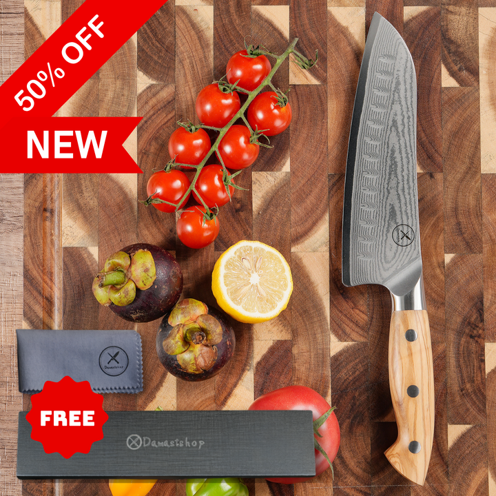 Premium Damascus 7 inch. Santoku Knife Olive Wood