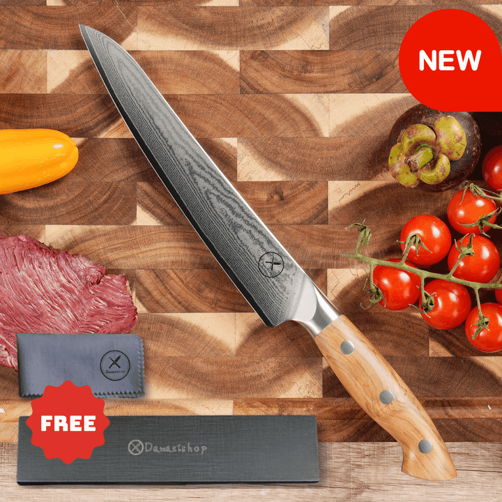 Premium Damascus 8 inch. Carving Knife Olive Wood