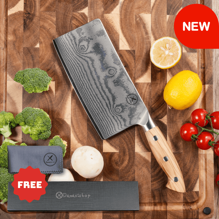 Premium Damascus 7 inch. Cleaver Knife Olive Wood